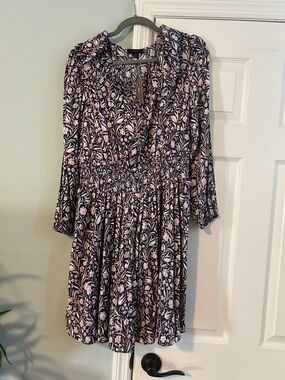 J. Crew Black and Pink Floral Long-Sleeve Smocked Dress